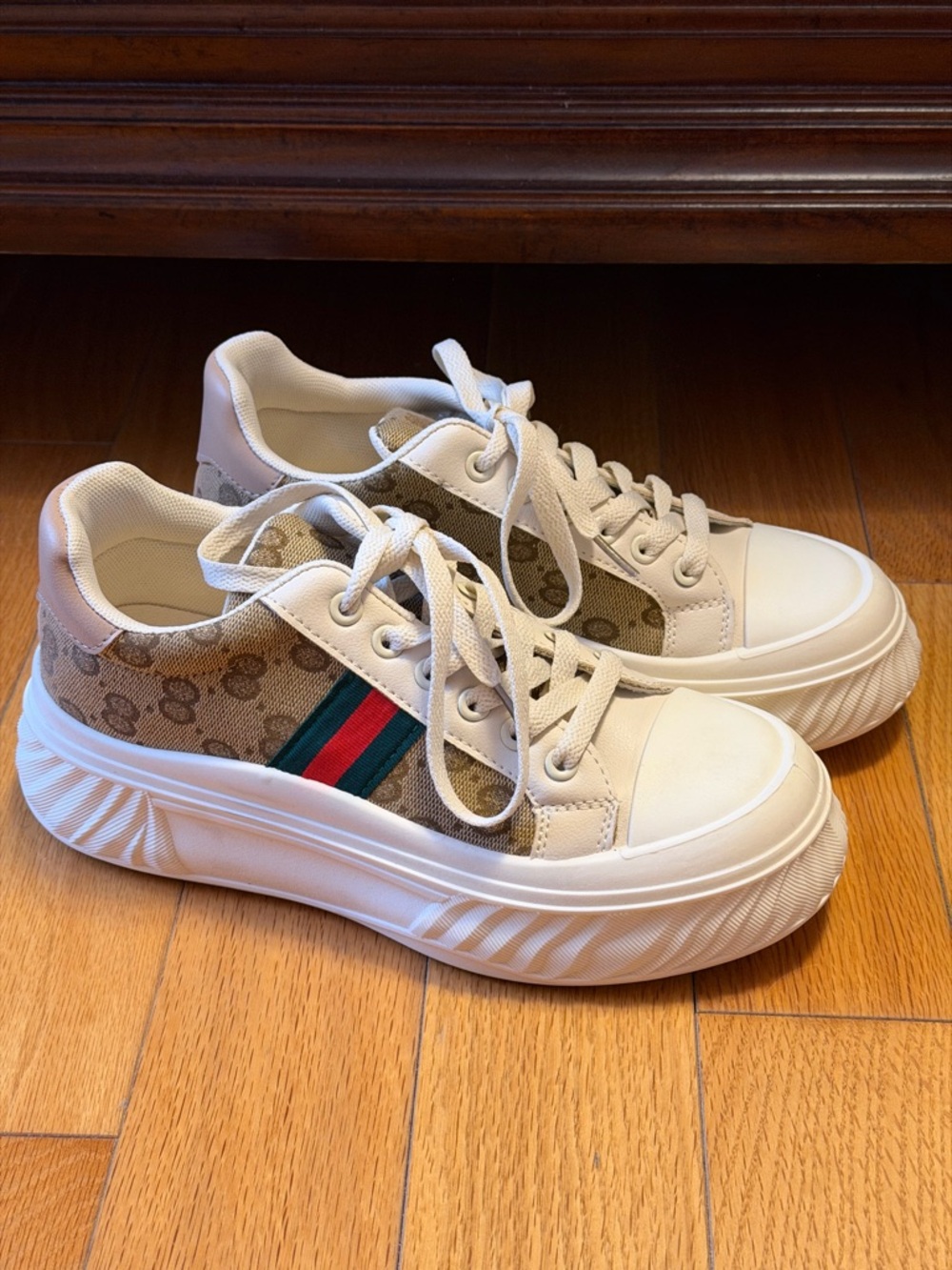 Womens Cream Platform Sneakers with Green & Red Stripe Accent
